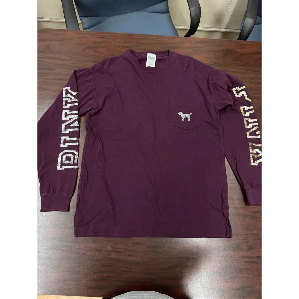 PINK Victoria’s Secret Burgundy Long Sleeve Tee with Sequins Size X-Small